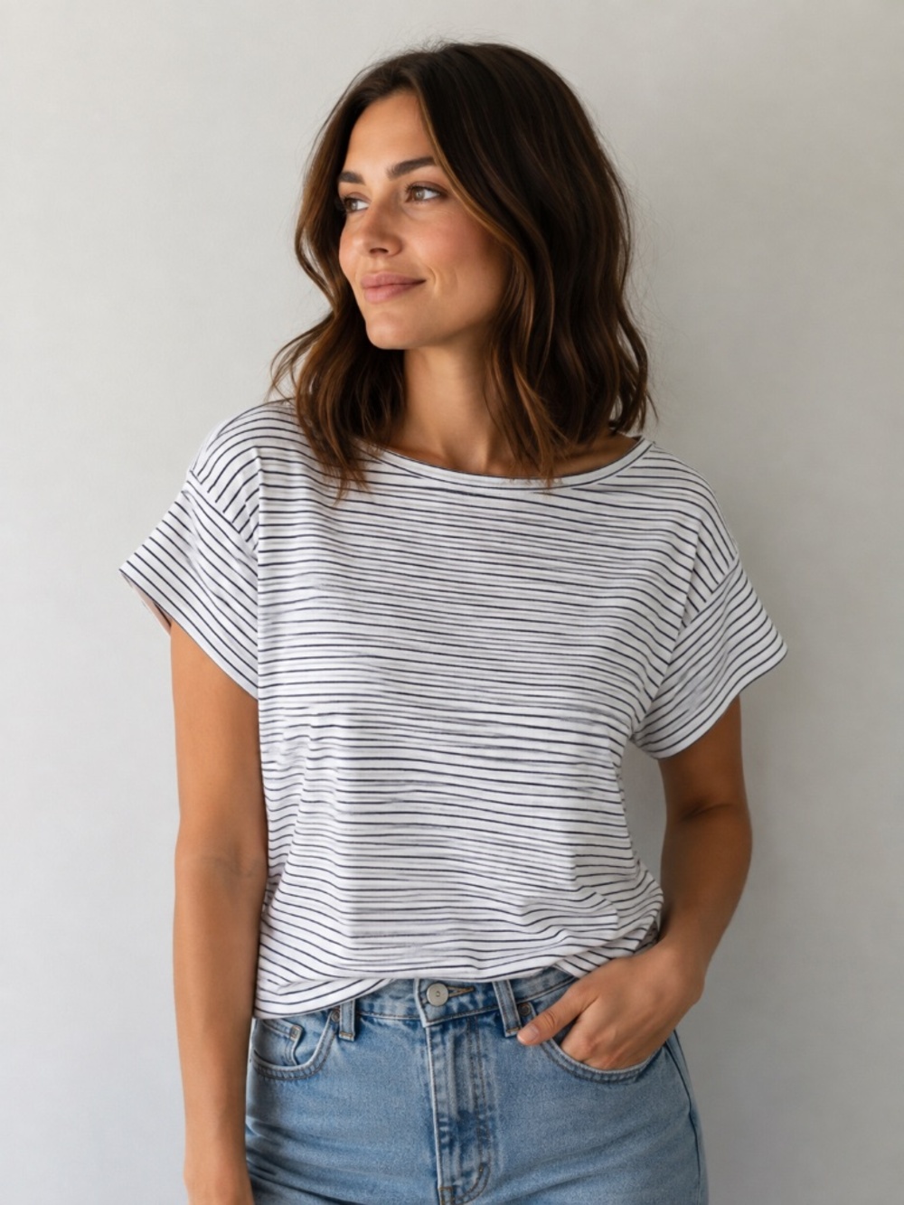 Meg Blue & White Striped Boxy T-Shirt – Size Small | Relaxed Oversized Tee